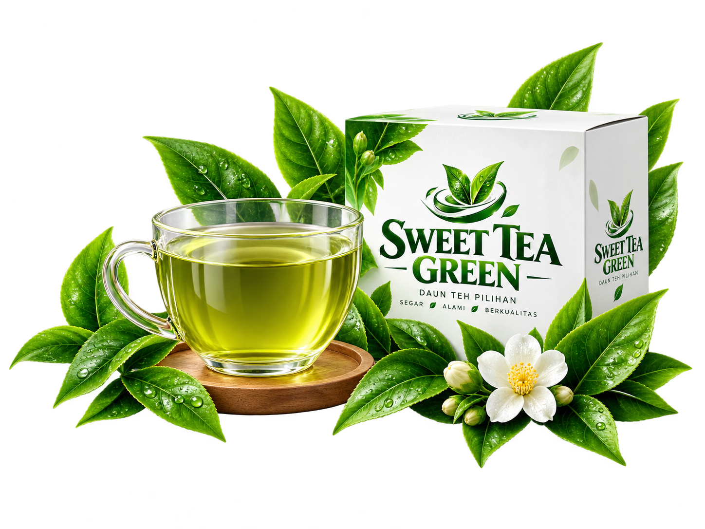 Kemasan Sweet Tea Green dan secangkir teh hijau